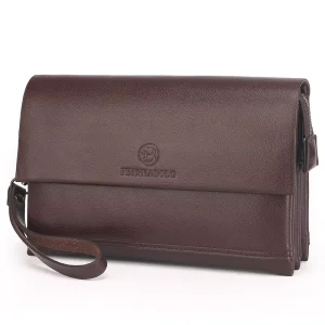 Men’s Anti-Theft Long Zipper Closure PU Leather Handbag with Letter Pattern Polyester Lining England Style