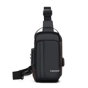 Men’s Anti Theft PU Fashion Chest Bag with Zipper Closure Waterproof USB Charging Port for Leisure Travel