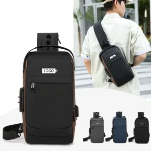 Men’s Anti-Theft PU Fashion Chest Crossbody Motorcycle Shoulder Bag with Combination Lock and Zipper Closure Outdoor