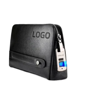 Men’s Anti Theft Smart Fingerprint Lock Clutch Handbag Waterproof Genuine Leather Nylon Zipper Closure Simple Fashion