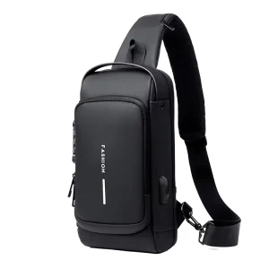 Men’s Anti theft Chest Bag with Password Lock & USB Charging Port Waterproof Oxford Fabric Sling Backpack for Travel & Cycling