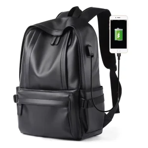Men’s Backpack Large Capacity Pu Leather Waterproof Student Backpack Trendy Men’s Bag Laptop Bag with USB