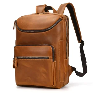 Men’s Backpack Retro Crazy Horse Leather Large Capacity Dual Main Bag Backpack Computer Bag Cowhide Backpack
