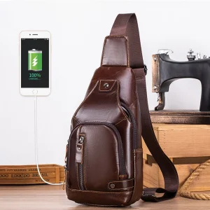 Men’s Bag Genuine Leather Chest Bag Men’s Casual Crossbody Bag USB Top Layer Cowhide Front Shoulder Bag Waist Bag