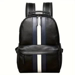 Men’s Black Backpack Lightweight PU Travel Bag Adjustable Straps Zipper Striped Design Laptop Compartment