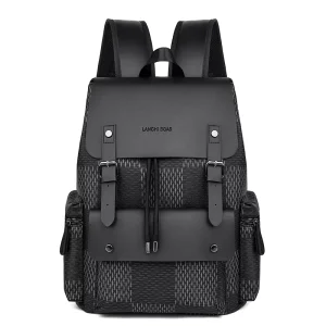 Men’s Black Soft PU Fashion Waterproof Polyester Zipper Student Trend Casual Large Capacity Computer Backpack Leisure