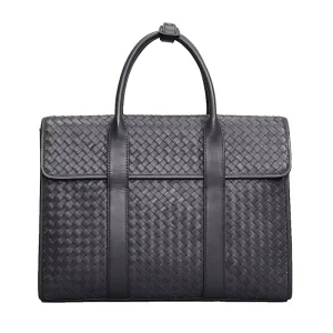 Men’s Black Woven Genuine Leather Laptop Carry Case Cowhide Leather Handbag Businessman Briefcase Computer Bag