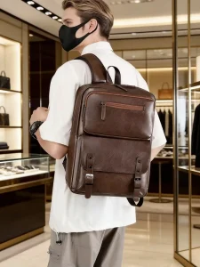 Men’s Business Backpack PU Leather Large Capacity Winter Fashion Zipper Closure Waterproof Lightweight Polyester Lining