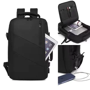 Men’s Business Backpack PU & Polyester Large Capacity Travel Luggage Laptop Bag Breathable Water-repellent