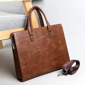 Men’s Business Briefcase PU Large Capacity Anti Theft Zipper Closure Horizontal Style Computer File Bag for Business Travel