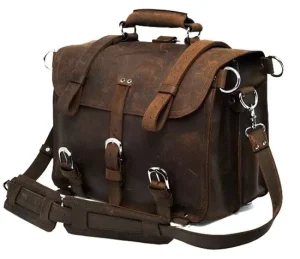 Men’s Business Briefcase Vintage Crazy Horse Leather 16 Inch Laptop Messenger Bag Leather Large Capacity Portable Office Bag