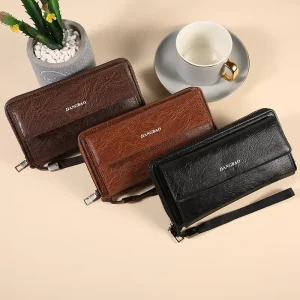 Men’s Business Clutch Bag Large Capacity Waterproof Zipper Closure RFID Blocking Multi-card Wallet Long PU Leather
