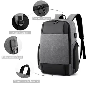 Men’s Business Computer Waterproof Backpack with Zipper Closure USB Rechargeable Large Capacity Student Bag