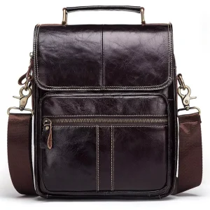 Men’s Business Cowhide Leather Backpack Crossbody Briefcase with Short Wallet Zipper Closure Nylon Lining Shoulder Bag