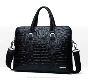 Men’s Business Fashion Alligator Crocodile Pattern PU Leather Handbag Shoulder Document Computer Bag Waterproof Gift