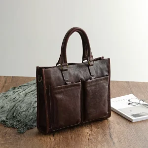 Men’s Business Genuine Leather Briefcase Waterproof Laptop Handbag with 2 Designs Soft Computer Bag
