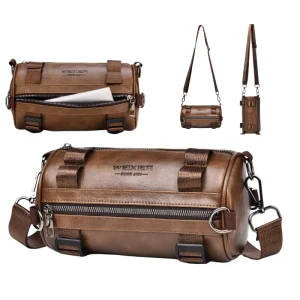 Men’s Business Leisure PU Leather Large Capacity Multi functional Barrel Shape Shoulder Bags Crossbody Bags Chest Bags
