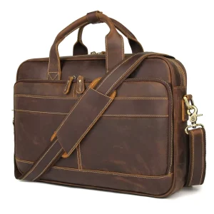 Men’s Business Messenger Bag Leather Office Shoulder Bag Men’s Crazy Horse Leather Travel Briefcase