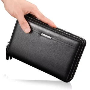 Men’s Business RFID Wallet with Double Zippers Factory Handbags with Multiple Card Slots Clip Handbags