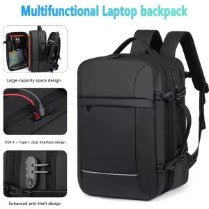 Men’s Business Travel Expandable Anti-theft Laptop Backpack with Password Lock USB Type-C Dual Charging Port Reflective Strip