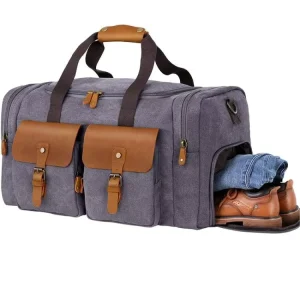 Mens Canvas Leather Travel Duffle Bag for Outdoor Canvas Duffle Bag With Leather Trim