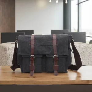Men’s Canvas Messenger Bag Vintage Style PU Leather Sling Bag with Letter Decoration Shoulder Bag