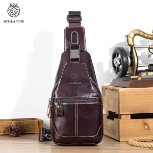 Men’s Casual 100% Cowhide Leather Chest Bag with Earphone Hole and Zipper