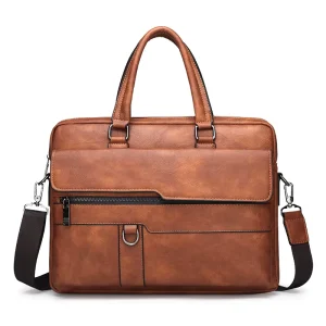 Men’s Casual 14 Inch Leather Laptop Briefcase Fashionable PU Leather Horizontal Postman Shoulder Messenger Bag