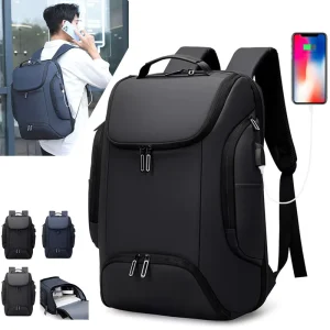 Men’s Casual Business Backpack Oxford Waterproof Laptop Bag with USB Charging Port Zipper Closure Customizable School Travel