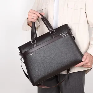 Men’s Casual Business Portable PU Briefcase Simple Fashion Zipper Crossbody Bag Large Capacity Handbag Multi-Layer