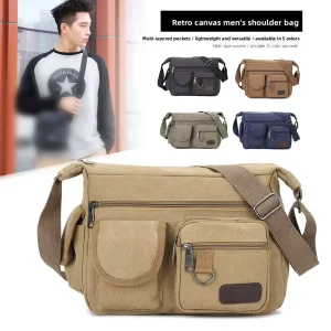 Men’s Casual Canvas Messenger Bag Large Capacity Fashionable Single Shoulder Business Crossbody Bag With Button For Summer