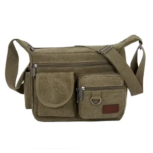 Men’s Casual Canvas Messenger Bag Large Capacity Fashionable Single Shoulder Business Crossbody Bag with Button for Summer B017A