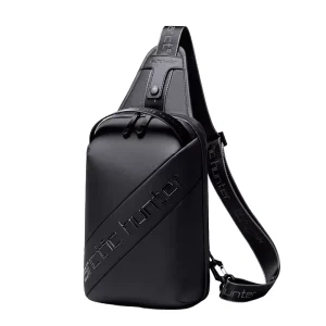 Men’s Casual Chest Bag Portable Crossbody Bag Waterproof Cycling Bag Durable PU Leather Zipper Closure USB Port