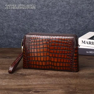 Men’s Casual Crocodile Pattern Clutch Genuine Leather Handheld Bag Double Zipper Combination Lock Distressed Finish