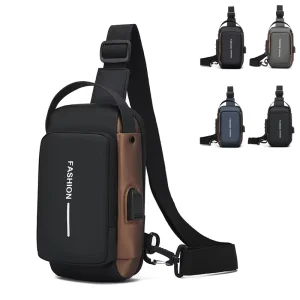 Men’s Casual Day Sports Chest Bag Large Capacity Waterproof USB PC Material Zipper Anti-Theft Lock Small