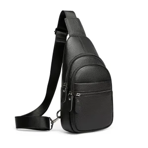 Men’s Casual Fashion Black Genuine Cow Leather Sling Chest Bag with Front Zipper Pocket