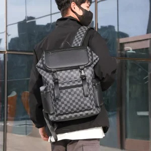 Men’s Casual High-End Vintage Travel Backpack Business Laptop Bag Zipper Closure Geometric Pattern PU Material