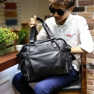 Men’s Casual Outdoor PU Leather Travel Duffel Bag Large Capacity Business Zipper Waterproof Fashion Shoulder Crossbody Handbag