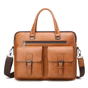 Men’s Casual PU Leather Business Laptop Briefcase Large Capacity Genuine with Lock Decoration Portable Work Bag