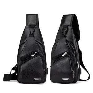 Men’s Casual PU Leather Crossbody Bag with USB Charging Port Headphone Hole Outdoor Sport Chest Sling Bag