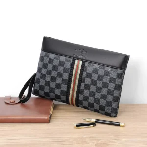 Men’s Casual Plaid Clutch Handbag with Wrist Strap Underarm Envelope Bag Zipper Closure Fashionable PU Material