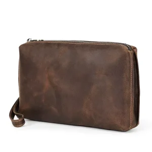 Men’s Casual RFID Clutch Handbag Vintage Crazy Horse Leather Clutch Purse Bag Men with Wrist Strap