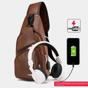 Men’s Casual Shoulder Bag with USB Charging Port Outdoor Sport & Business PU Crossbody Chest Bag Custom Logo