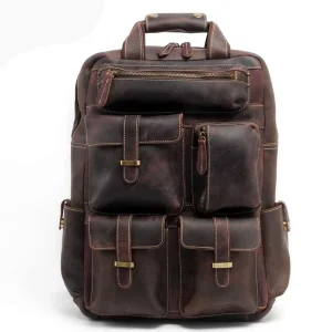 Men’s Casual Vintage Style Crazy Horse Leather Backpack Waterproof Travel Cowhide Handbag Shoulder Bag Business Laptop Backpack