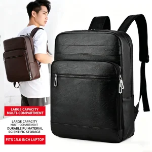 Men’s Casual Waterproof Laptop Backpack with Anti Theft Zipper Durable PU Material Lightweight Design for Office Travel