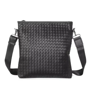 Men’s Casual Woven Shoulder Bag Korean Genuine Leather Zipper Waterproof Crossbody Bag Small Square