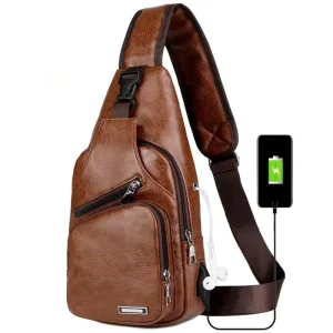 Men’s Chest Bag Business Messenger USB Charging Fashion PU Leather Waist Outdoor Casual Sports Single Shoulder Bag