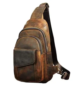 Men’s Chest Bag Leather Messenger Casual Genuine Leather Sling Bag Triangle Crossbody Bag One Shoulder Strap Backpack