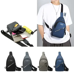 Men’s Chest Bag Simple Multi-layer Leisure PU Messenger Bag Anti-theft Shoulder Bag With USB