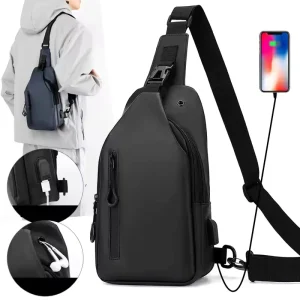 Men’s Chest Bag With USB Portable Fashion Casual Crossbody Bag Wearable Leather Finish Outdoor Sports Chest Bag